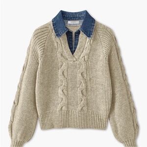 Commense Cable Knit V-Neck Sweater with Denim Collar - Cream
